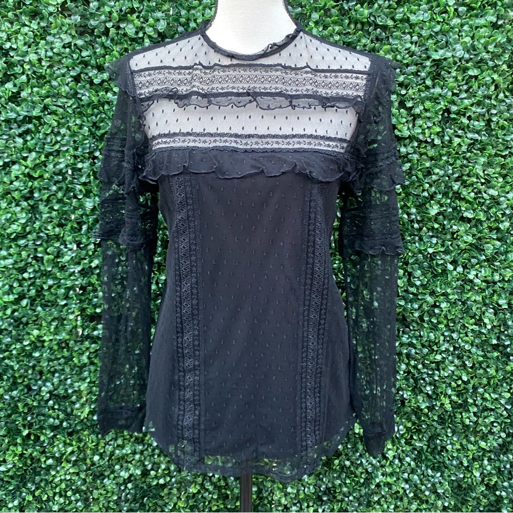 Express Black Lace Long Sleeve Top Ruffle detail Polka Dot